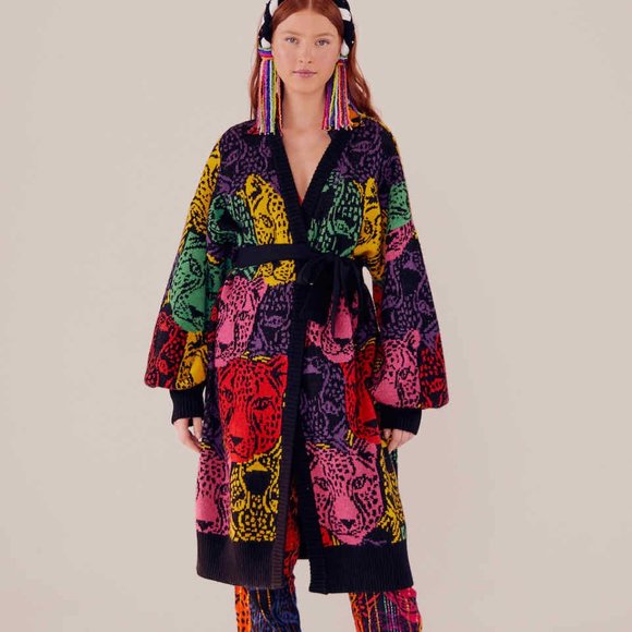 FARM Rio Sweaters - Farm Rio Rainbow Midnight Leopards Cardigan Sweater Sz L